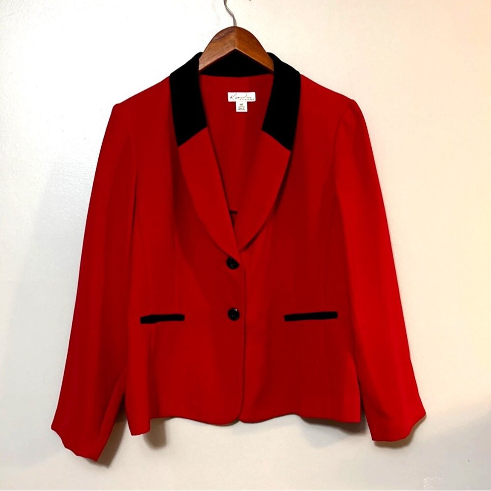 Kim RogersWomens Red Blazer W/ Black Collar 14P Petite Polyester Button Front - Picture 2 of 5